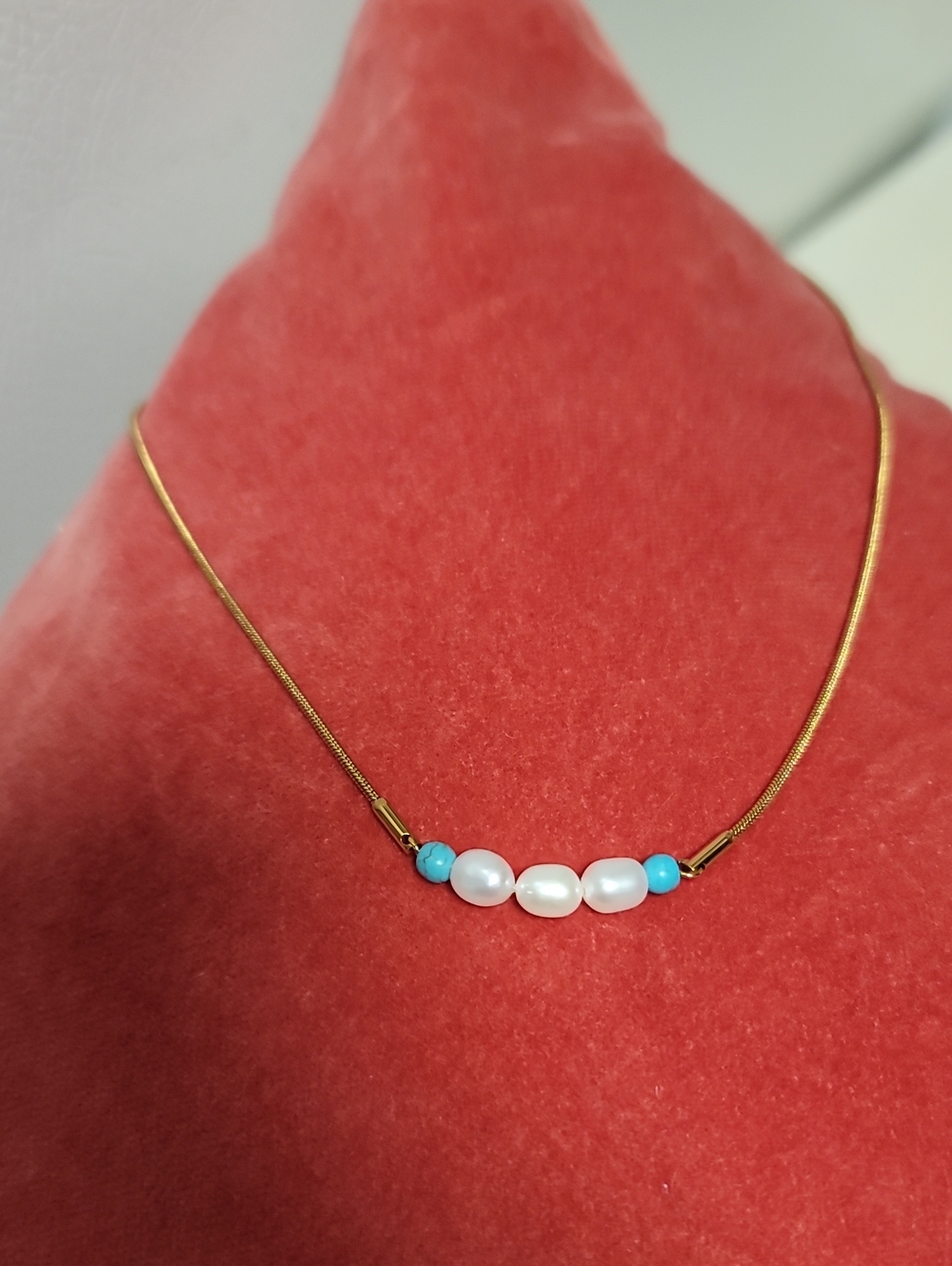 Delicate Gold Freshwater Pearls & Turquoise Bead Necklace - Women Jewelry
